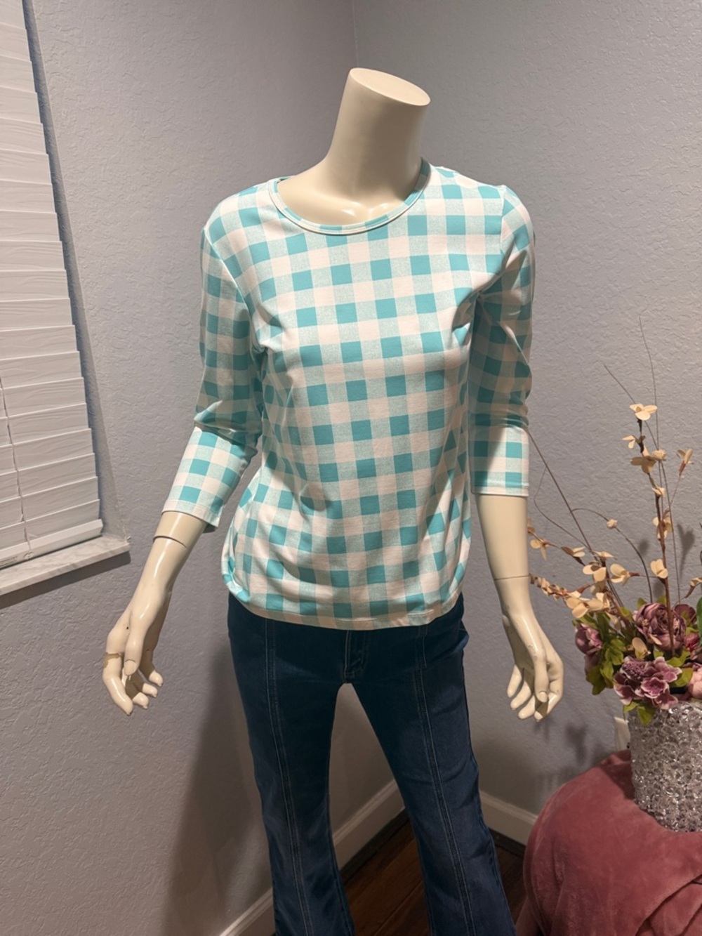 J. McLaughlin Aqua and White Checkered Top